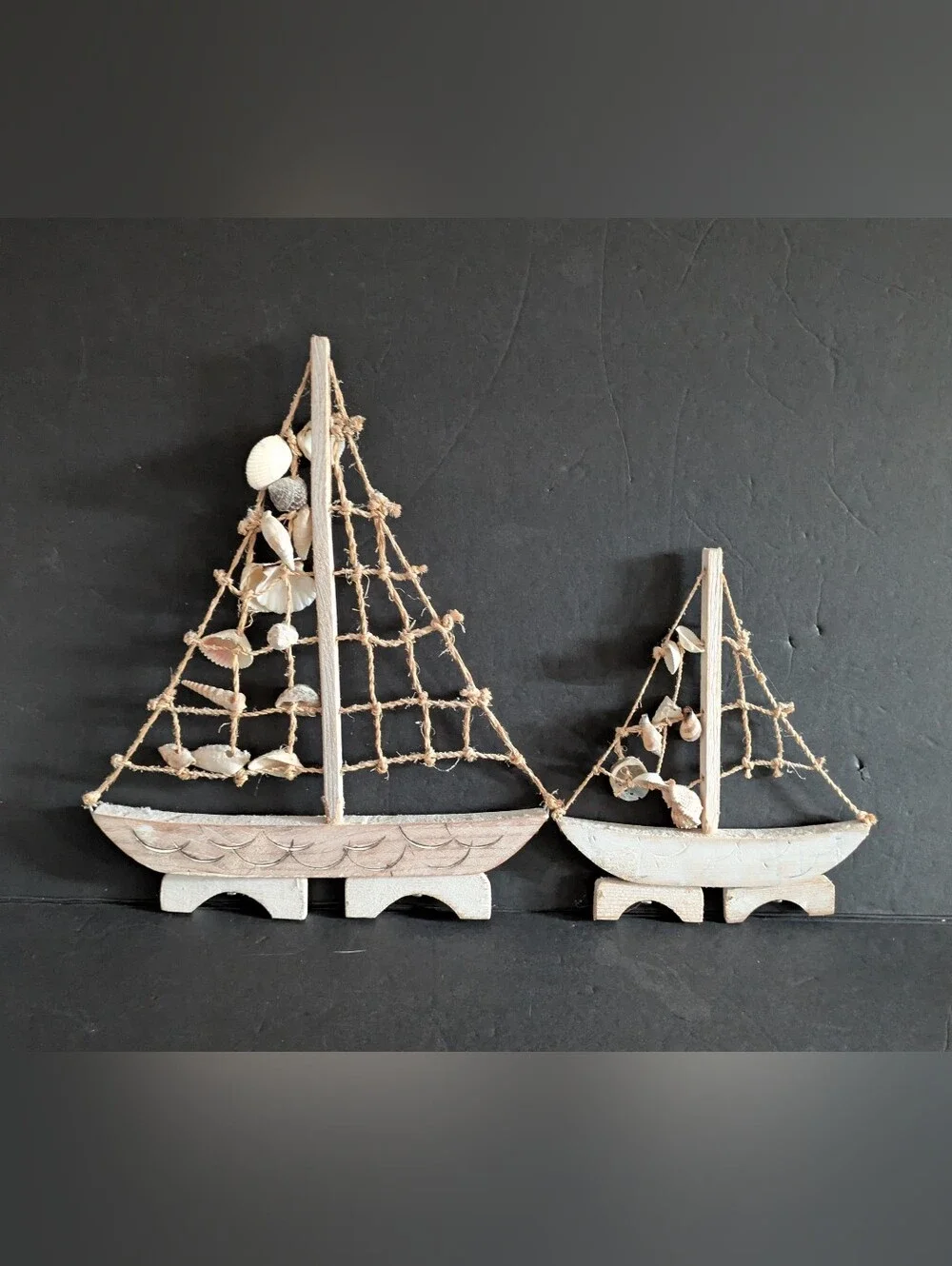 Nautical Natural Driftwood Sailboat and Shells Wall Decor Rustic White Set of 2